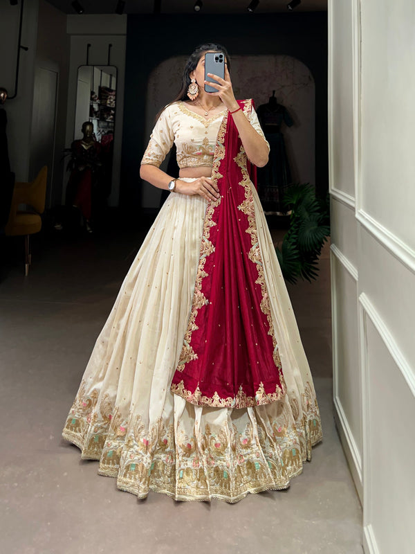 Off white Color Sequins And Thread Embroidery Work Vichitra Silk Lehenga Choli