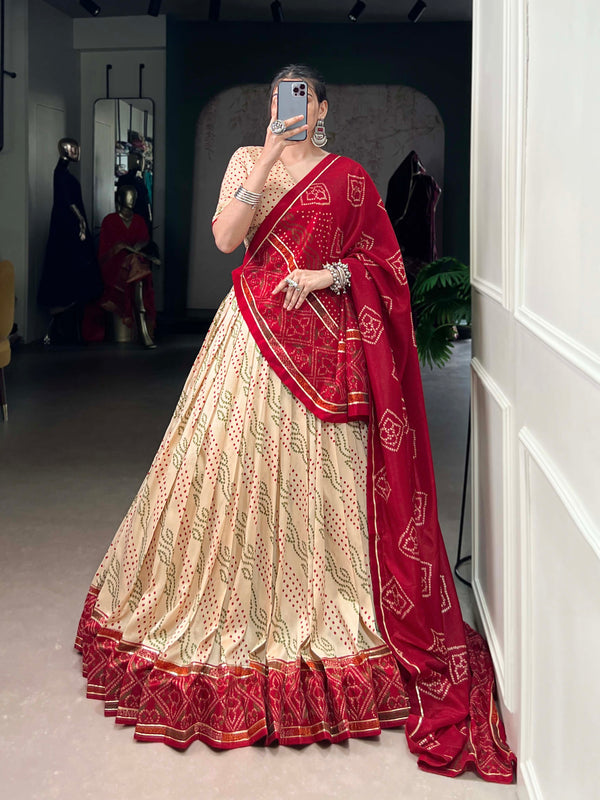 Off White Color Bandhej Print With Gotta Patti Lace Tasar Silk Lehenga Choli