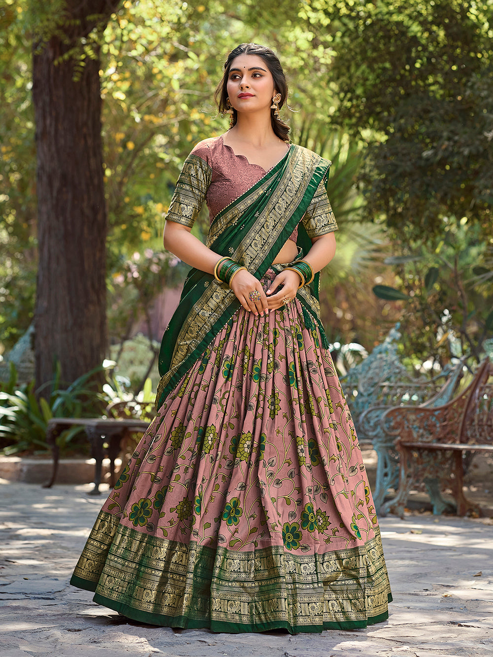 Onion Color Kalamkari Print With Foil Work Tussar Silk Lehenga Choli ...