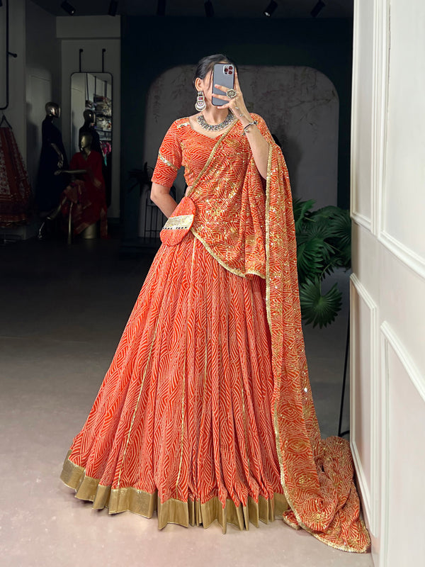 Orange Color Bandhej Print With Vintage Work Georgette Ghaghra Choli