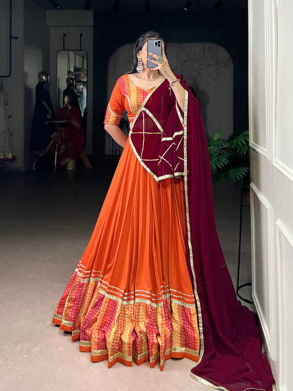 Orange Color Bandhej Print With Sequince Lace Touch Up Rayon Ghaghra choli
