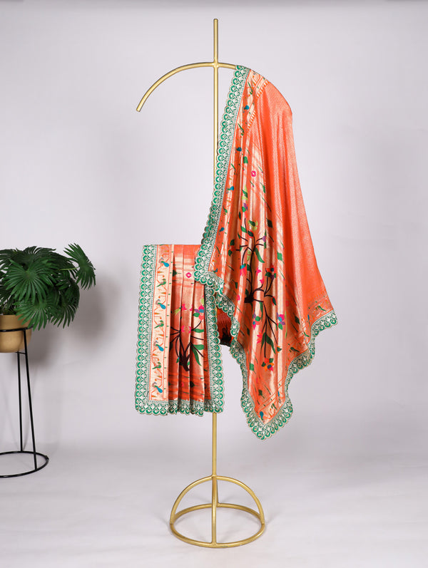 Orange Color Weaving Zari Work With Sequins And Embroidery Lace Jacquard Silk Dupatta
