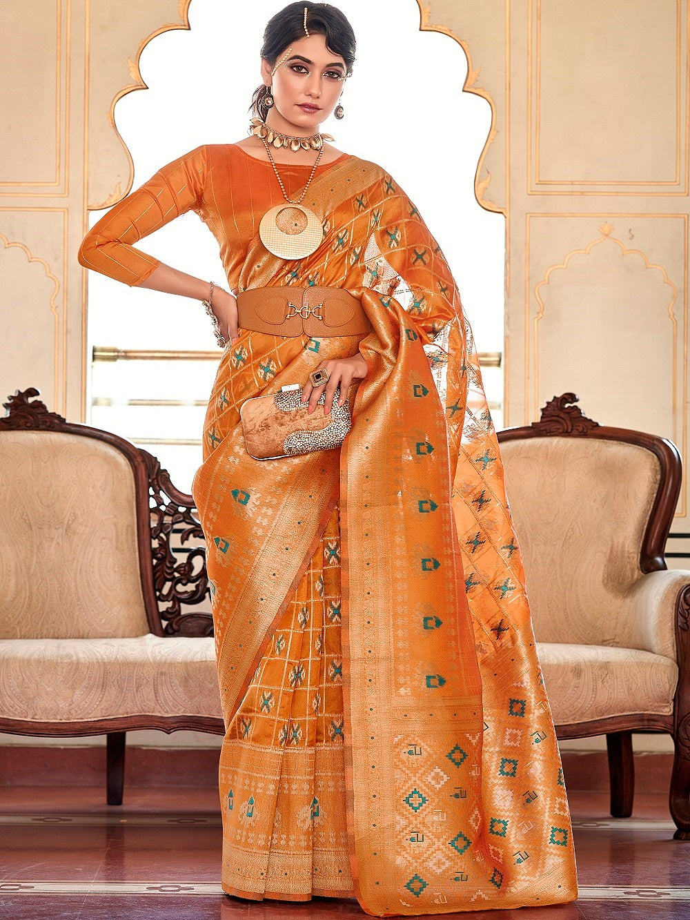 Buy Vamsee Orange Organza Saree Online at Best Price | Distacart