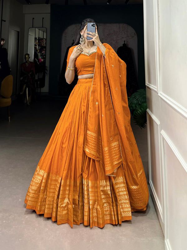 Orange Color Plain  With  Zari Weaving Work Chanderi Lehenga Choli