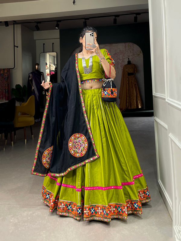 Parrot Color Gamthi Work With Paper Mirror Work Cotton Dandiya Choli