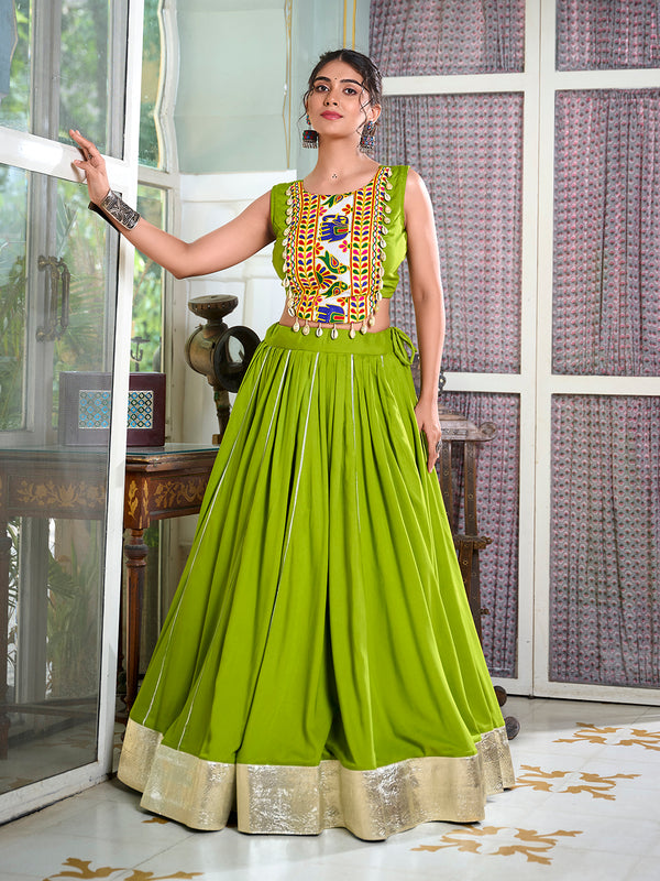 Parrot Color Plain And Gamthi Work Rayon Co-ord Set Navratri Chaniya Choli