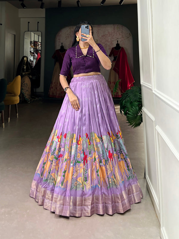 Lavender Color Kalamkari Print With Zari Weaving Border Dola Silk Two Piece Choli