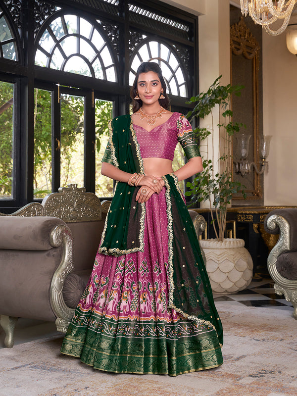Pink Color Printed With Zari Weaving Work Kanchipuram Lehenga Choli