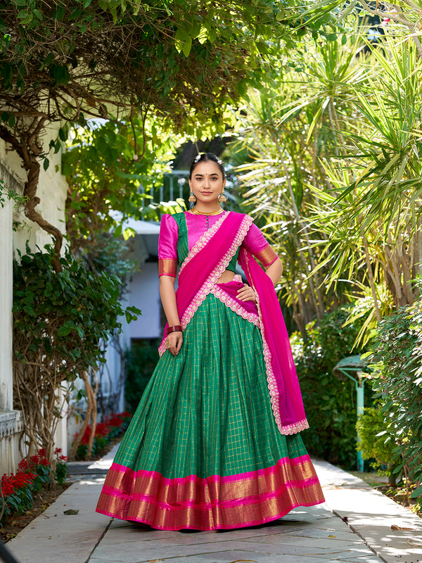 Green Color Zari Weaving Work With Chex Lehenga Choli