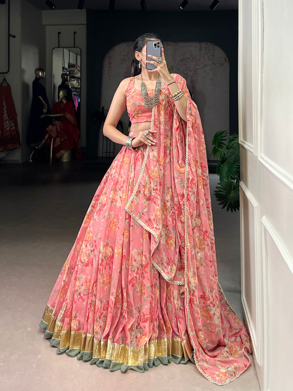 Peach Color Floral And Foil Print With Embossed Design Ghaghra choli