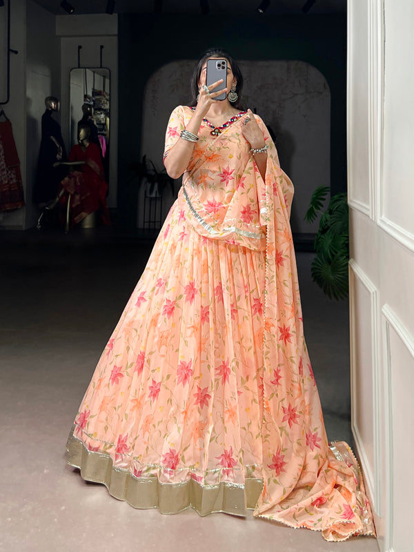 Peach Color Floral Print With Embossed Design Tabby Silk Chaniya Choli