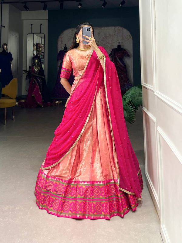 Peach Color Weaving Work With Ikkat Kanjivaram Jacquard Silk Lehenga Choli