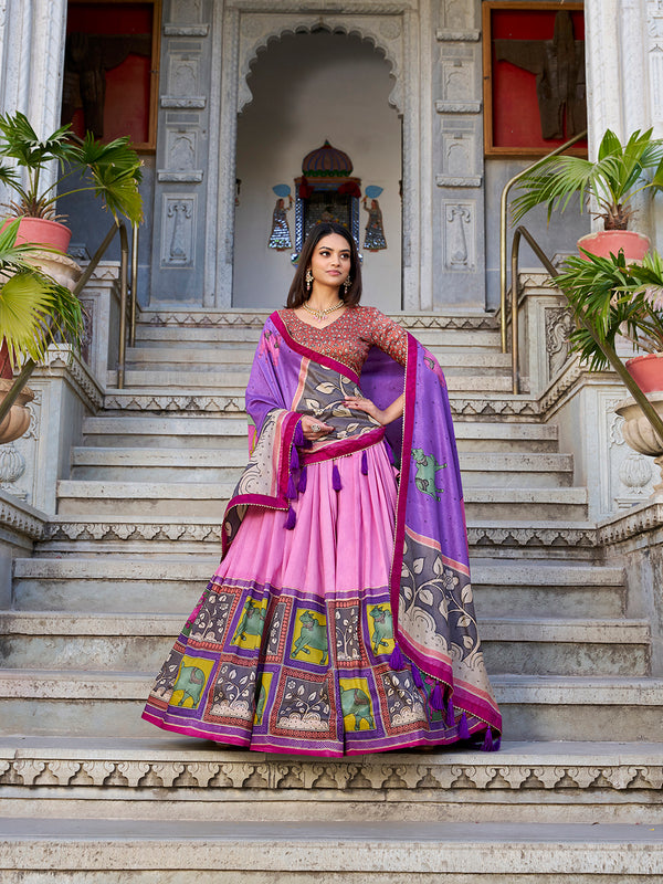 Peach Color Kalamkari With Foil Work Tussar Silk Lehenga Choli