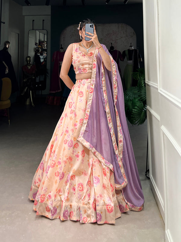 Peach Color Tussar Silk Floral Print With Handwork Lehenga Choli