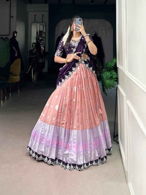 Peach Color Zari Weaving Work Sequins And Embroidery Border With Zari Kota Women Wear