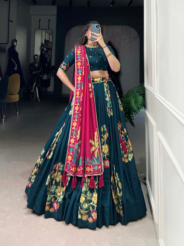 Peacock Blue Color Printed And Foil Work Tussar Silk Lehenga Choli