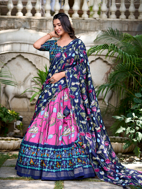 Pink Color Pichwai With Patola Print And Zari Weaving Border Tussar Silk South Lehenga Choli