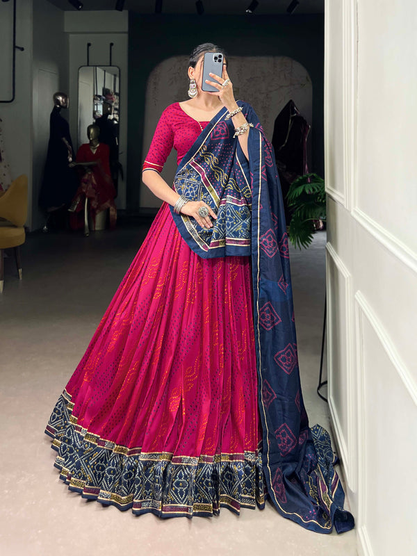 Pink Color Bandhej Print With Gotta Patti Lace Tasar Silk Lehenga Choli