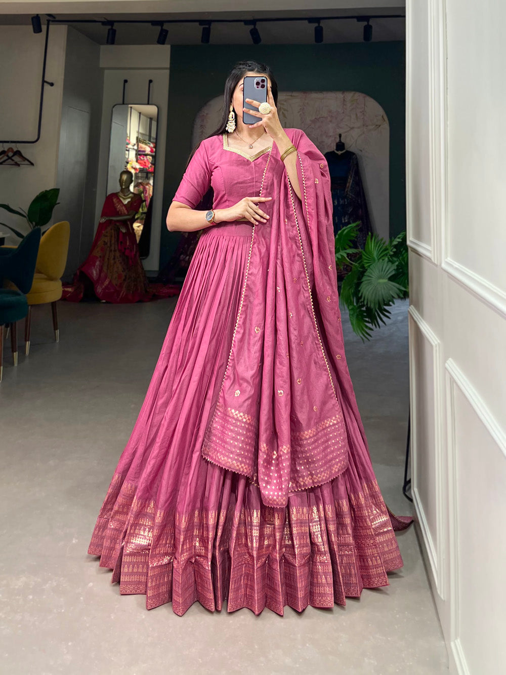 Pink Color Plain With Zari Weaving Work Border Chanderi Lehenga Choli ...