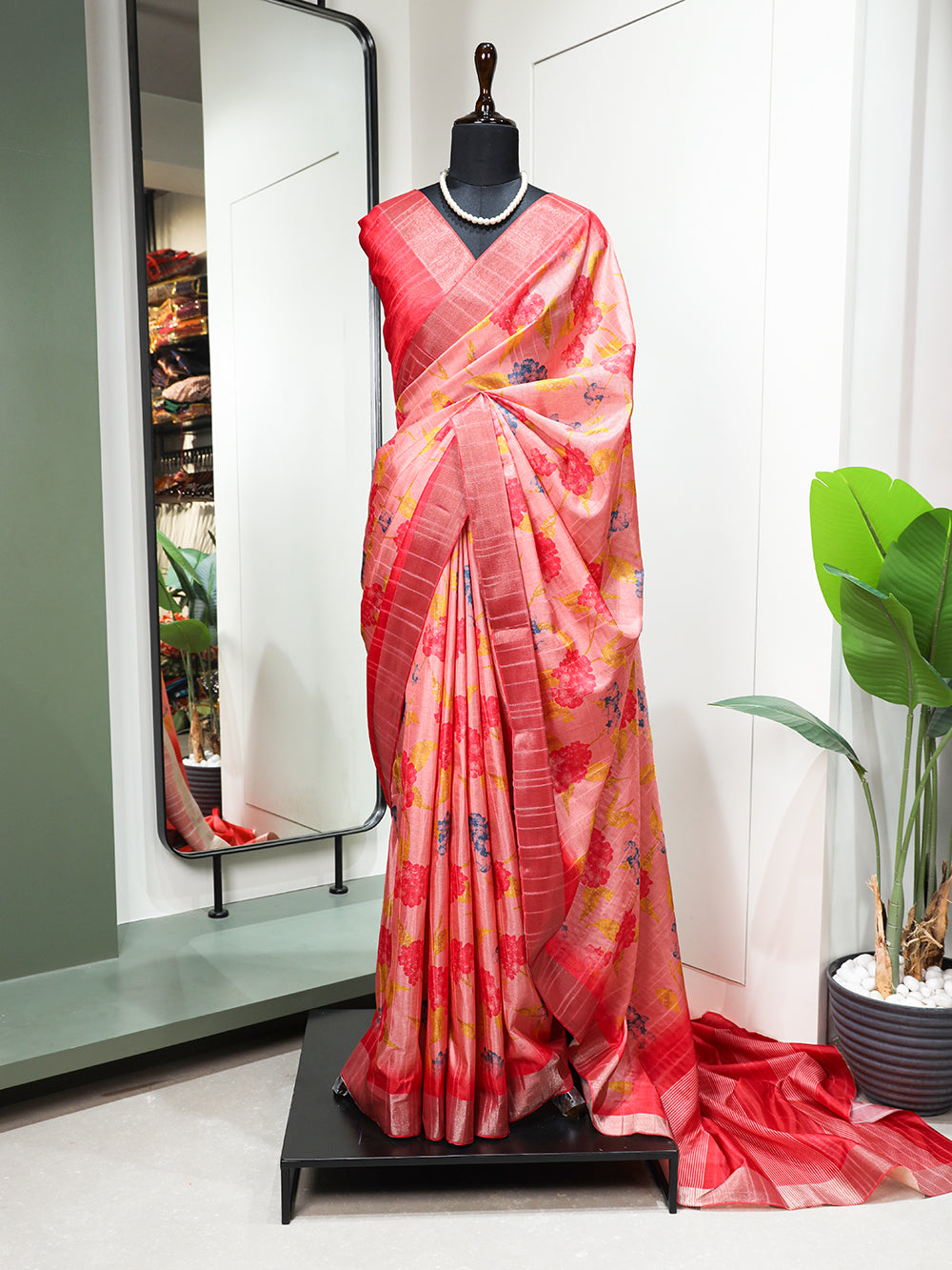 Silver and copper tissue saree with pastel pink border – houseofayati