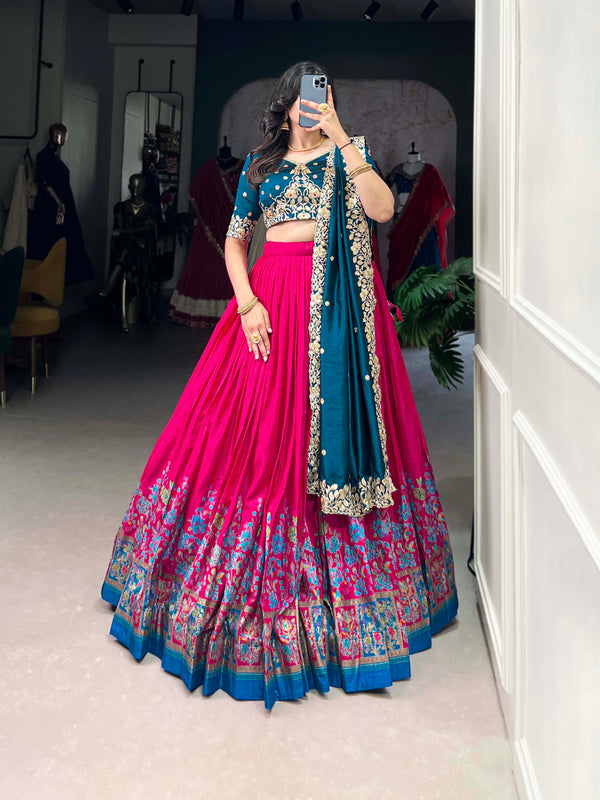 Pink Color Printed With Foil Work Tussar Silk Lehenga Choli