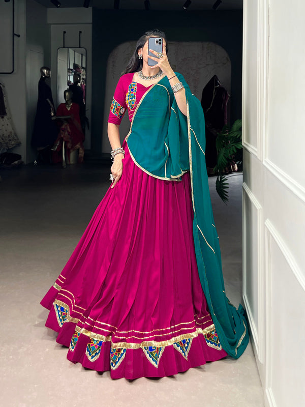 Pink Color Gamthi Work With Embossed Design Rayon Chaniya Choli