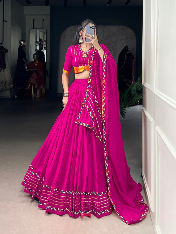 Pink Color Original Mirror Gamthi Work Rayon Chaniya Choli