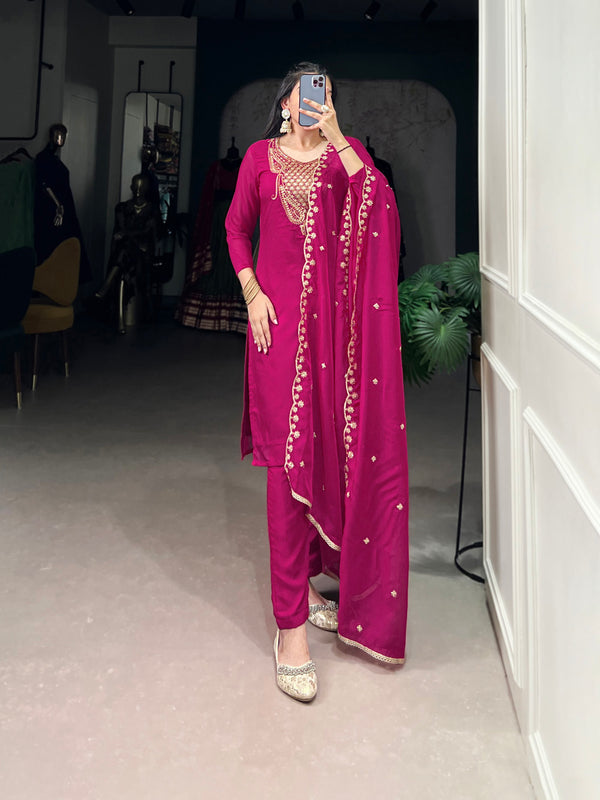 Pink Color Sequins And Thread Embroidery Work Organza Salwar Suit