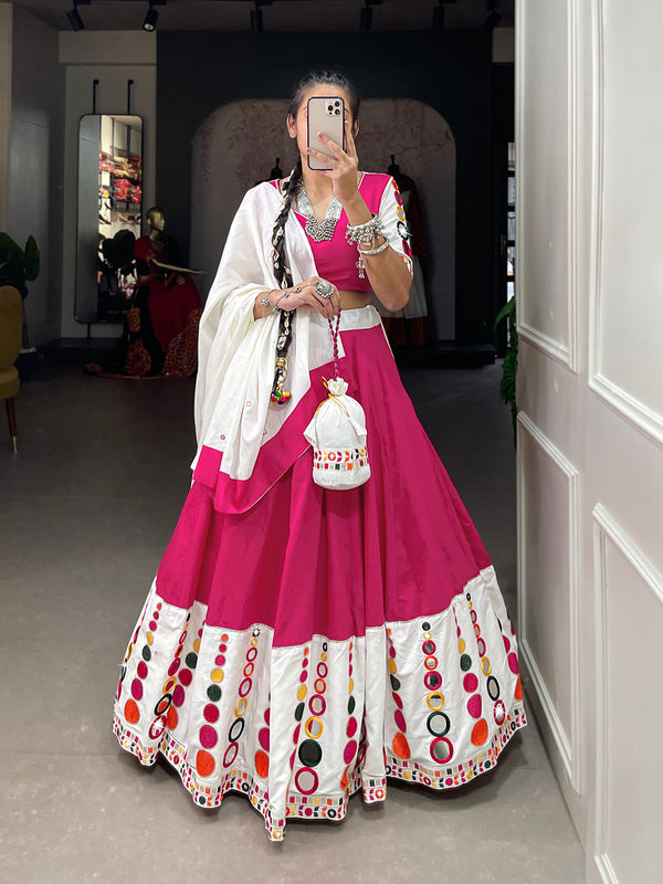 Pink Color Embroidery Work With Original Mirror Work Cotton Navratri Chaniya Choli