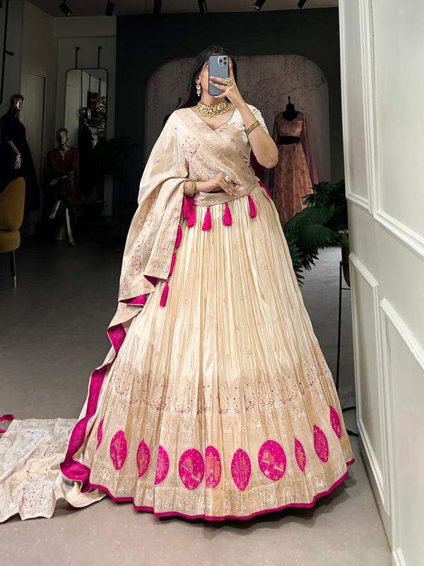 Pink Color Mirror And Bids (Moti) Handwork Shimmer With Weaving Work Lehenga Choli