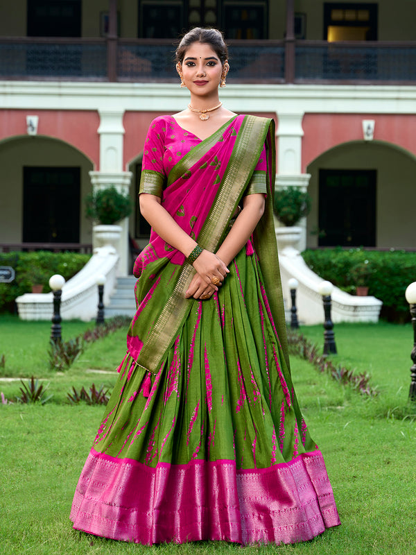 Pink Color Shibori Print With Zari Weaving Border Dola Silk Chaniya Choli