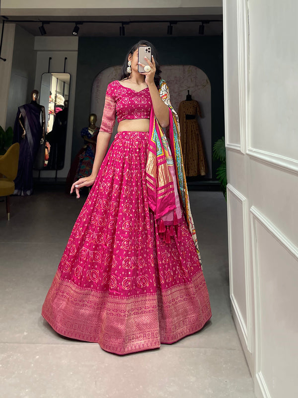 Pink Color Printed With Zari Weaving Work Viscose Dola Silk Lehenga Choli