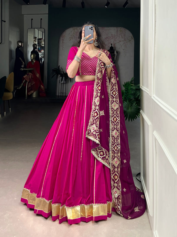 Pink Color Zari Line With Real Mirror Lace Touch Up Cotton Lehenga Choli