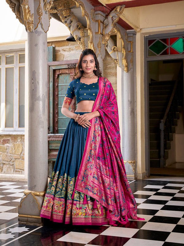 Peacock Blue Color Printed Foil Work Tussar Silk Lehenga Choli