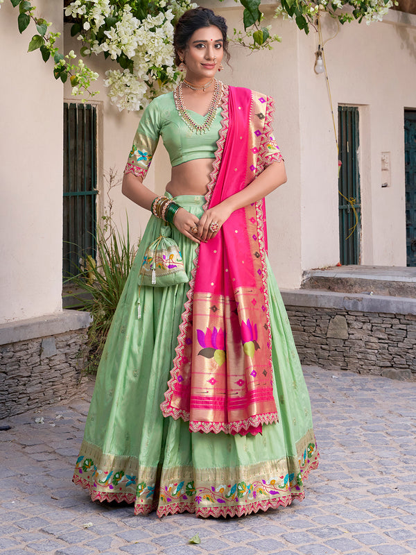 Pista Color Zari Weaving Work Jacquard Silk (Paithani) Lehenga Choli