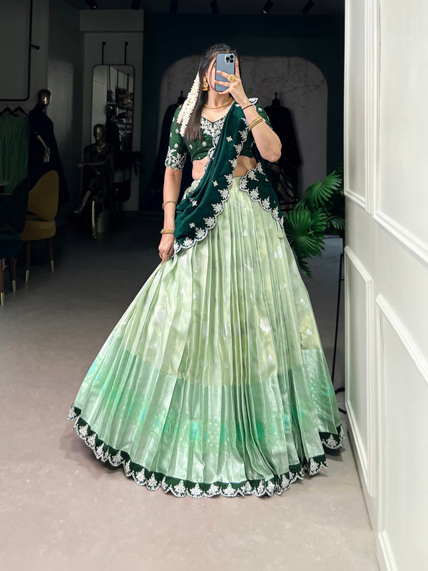 Pista Color Zari Weaving Work Sequins And Embroidery Border With Zari Kota Lehenga Choli