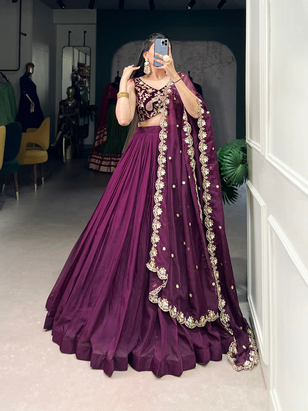 Wine Color Plain With Organza Lehenga Choli