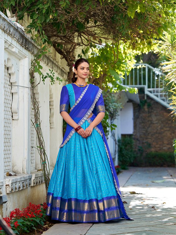 Blue Color Zari Weaving work With Chex Lehenga Choli