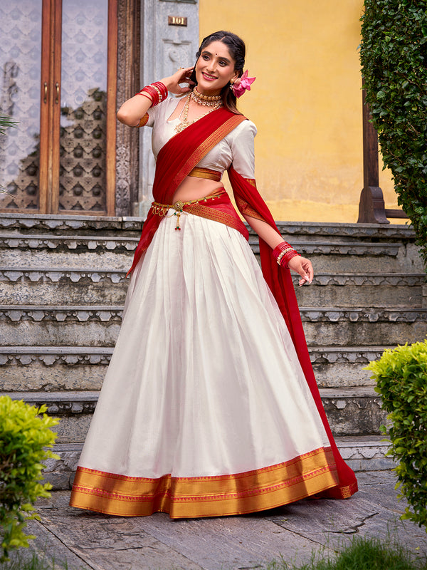 White Color Zari Weaving Work Poly Cotton Lehenga choli