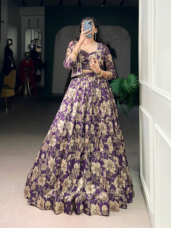 Violet Color Floral Printed Tasar Silk Co-ord Set