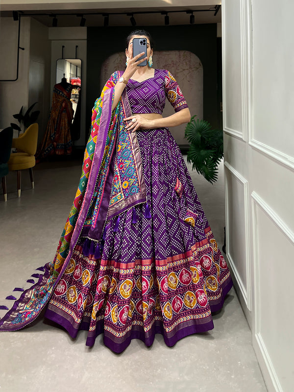 Purple Color Bandhej And Patola Print With Foil Work Tussar Silk Lehnga Choli