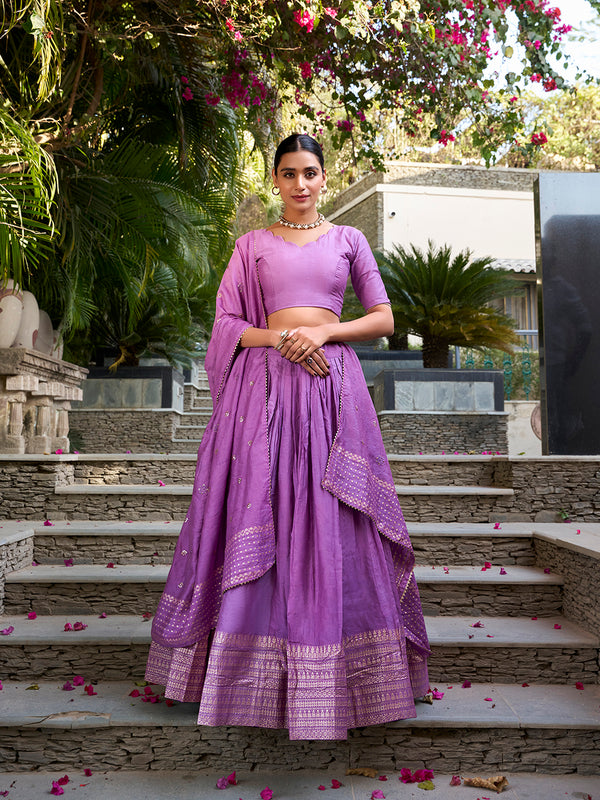 Purple Color Plain With Zari Weaving Work Border Chanderi Traditional Wear Lehenga Choli