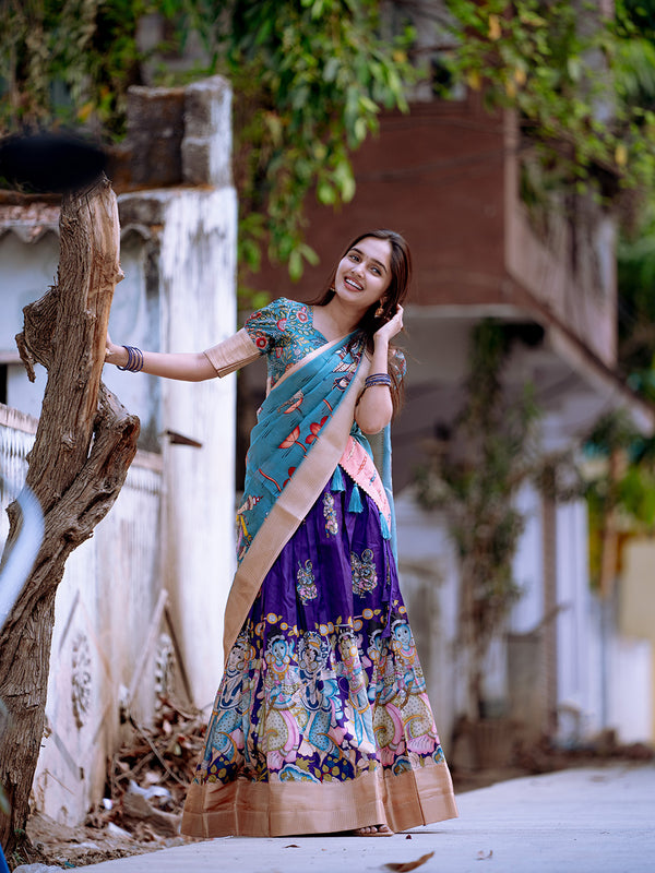 Purple Color Kalamkari Print With Weaving Border Dola Silk Lehenga Choli