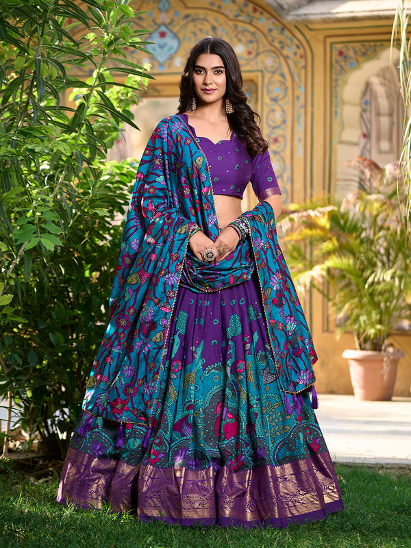 Purple Color Kalamkari Print With Foil Work Tussar Silk Lehenga Choli