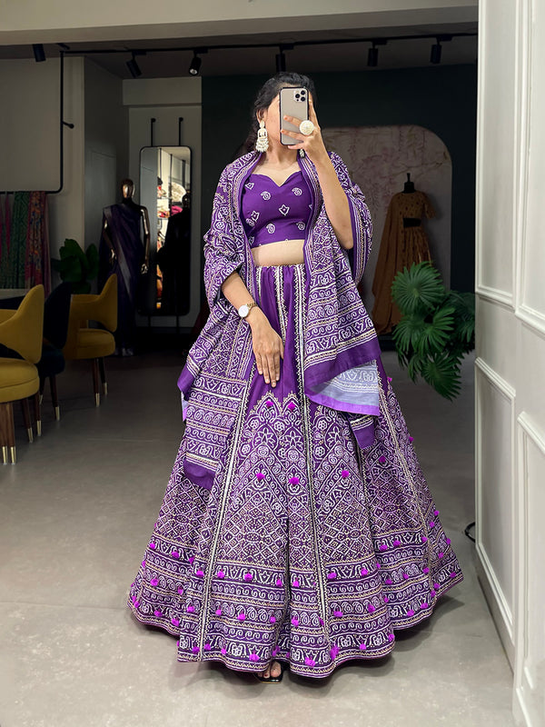 Purple Color Bandhej  Printed With Gota Patti Vaishali Silk Lehenga Choli