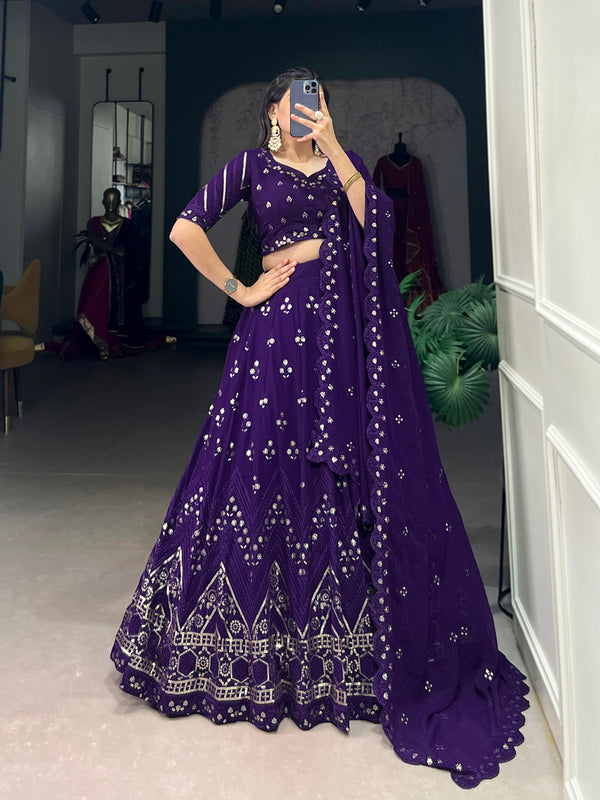 Purple Color Sequins And Thread Embroidery Work Georgette Lehenga Choli