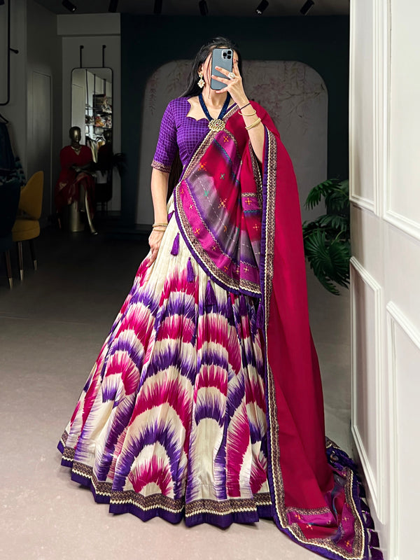 Purple Color Tie And Dye Printed Tasar Silk Lehenga Choli