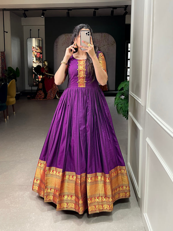 Wine Color Zari Weaving Work Narayan Pet (Cotton) Dress