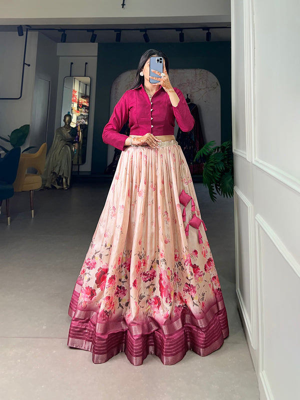 Rani Pink Color Floral Print With Sequins And Zari Border Dola Silk Co-ord Set Lehenga Choli