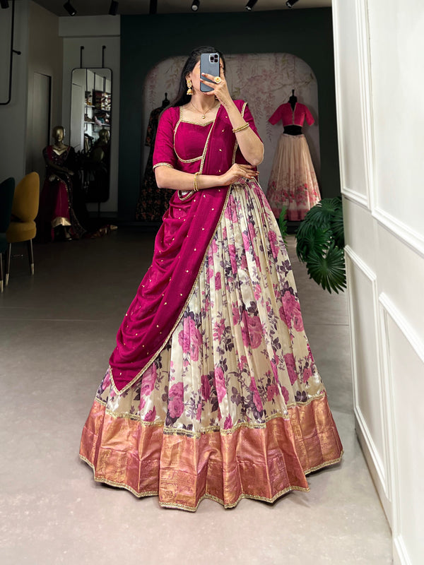 Rani Pink Color Floral Print With Zari Weaving Work Dola Silk Lehenga Choli